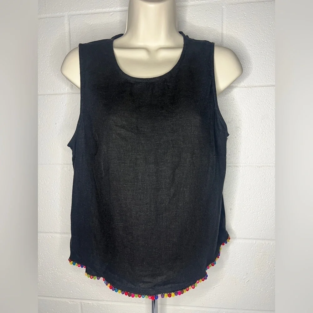 BCBGeneration Black Linen Blend Pompom Trim Sleeveless Top size M